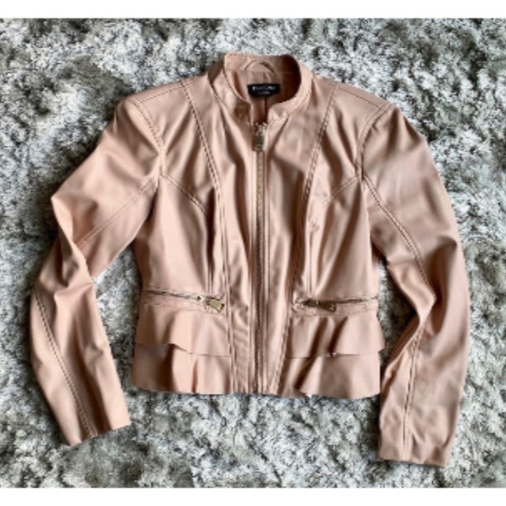 Bebe, pink Leather, ruffle Jacket, women's small